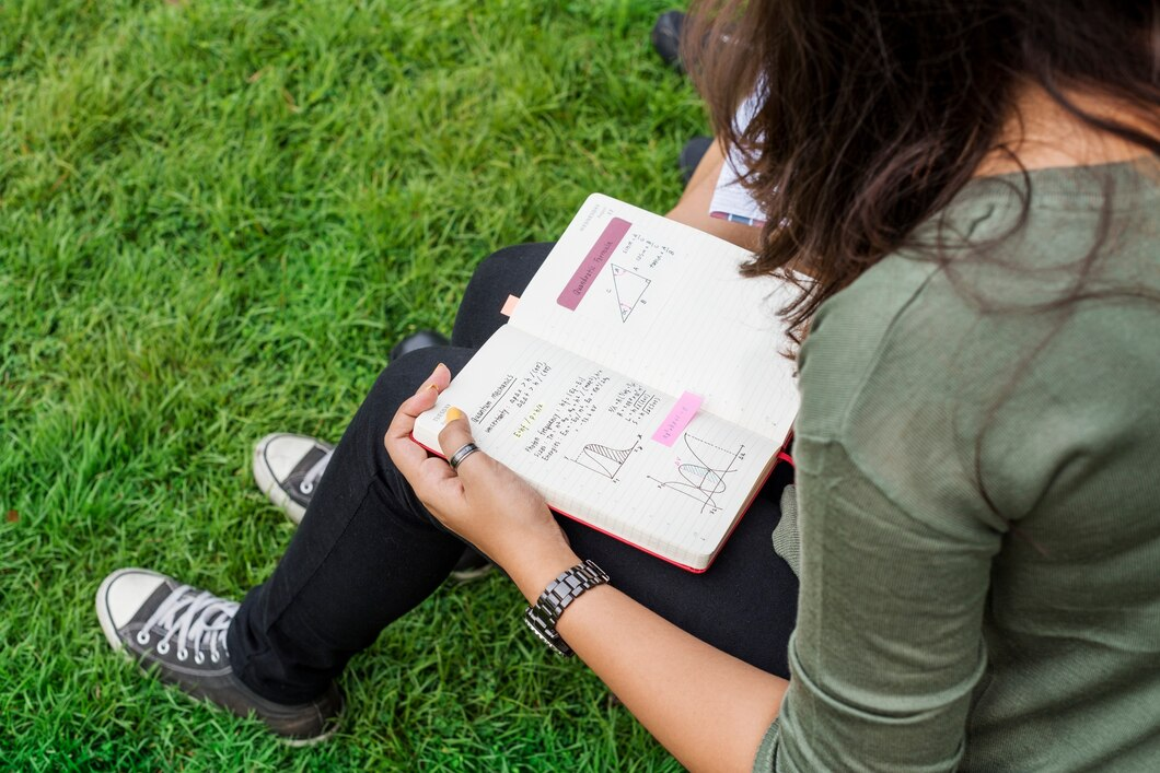 A student revising A Level Further Maths in a park.