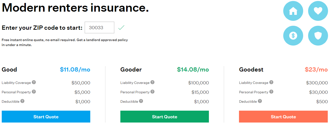 Goodcover’s GA renters insurance premiums are around $11-23 per month, with liability coverage limits going up to $300,000.
