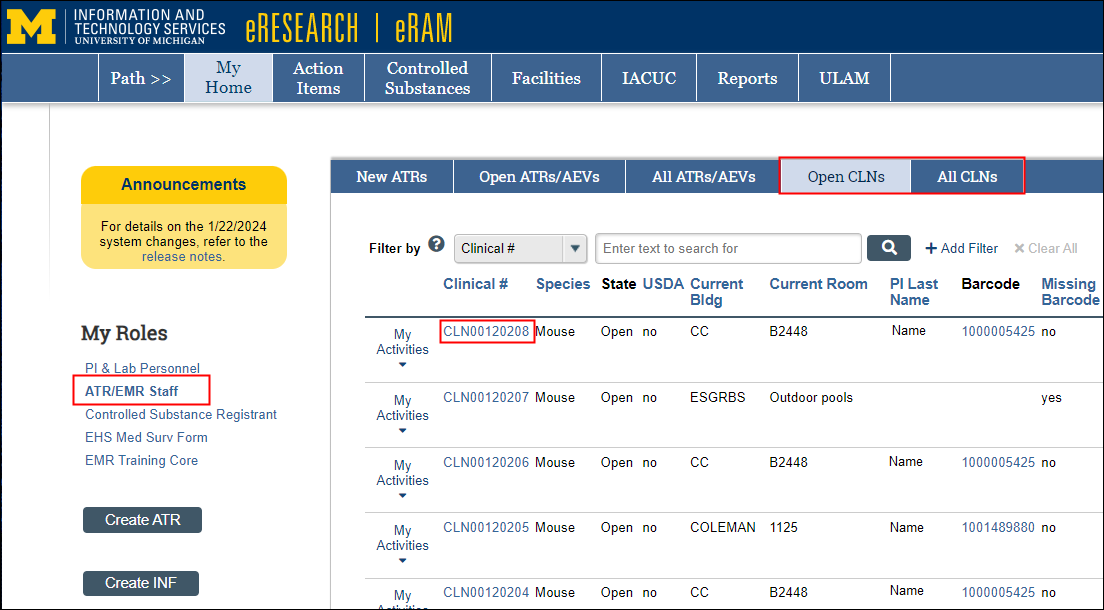ATR/EMR Staff Home Workspace > Open CLNs tab showing a Clinical # highlighted.
