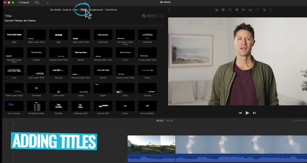 A number of options for Titles inside iMovie