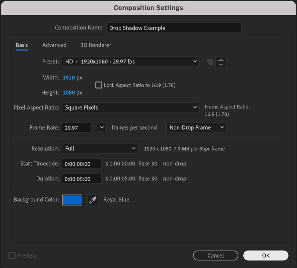 Composition Settings menu in After Effects.