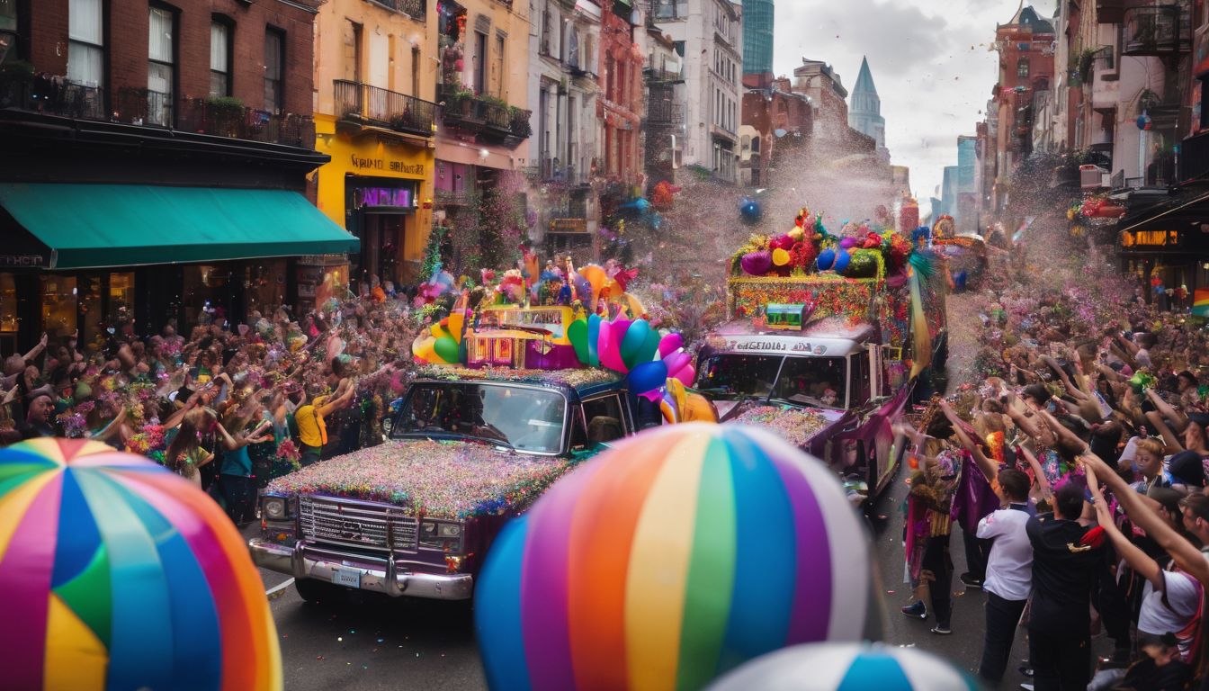 A vibrant and lively street parade with colorful floats and confetti.