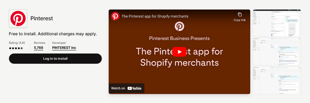 shopify app store listing page of Pinterest