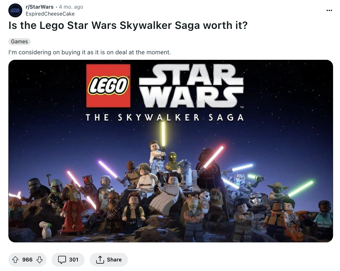 Screenshot of a post on Reddit discussing an item from the Lego Star Wars collection.