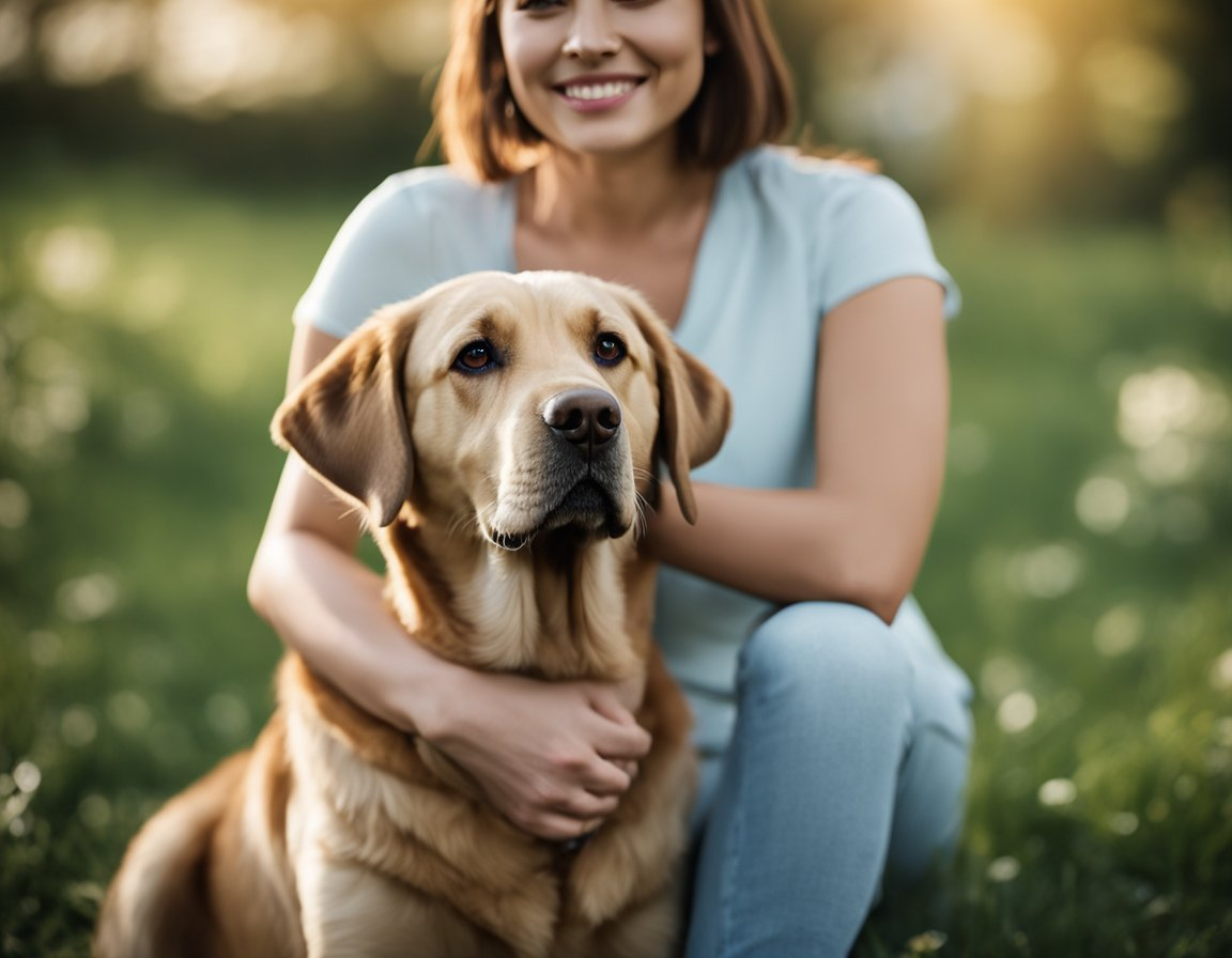 owner embracing its labrador retriever pet