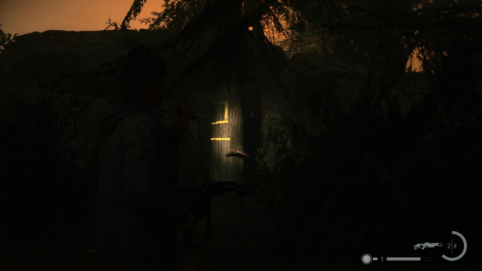 An in game screenshot of the number two tree in the rental cabins area in Cauldron Lake from Alan Wake 2