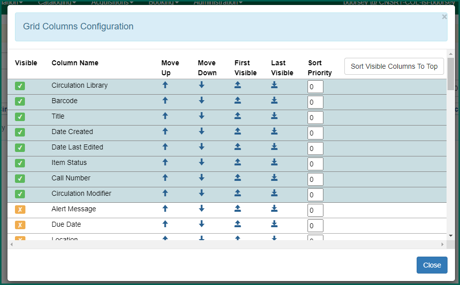 Use the arrows to move columns left or right