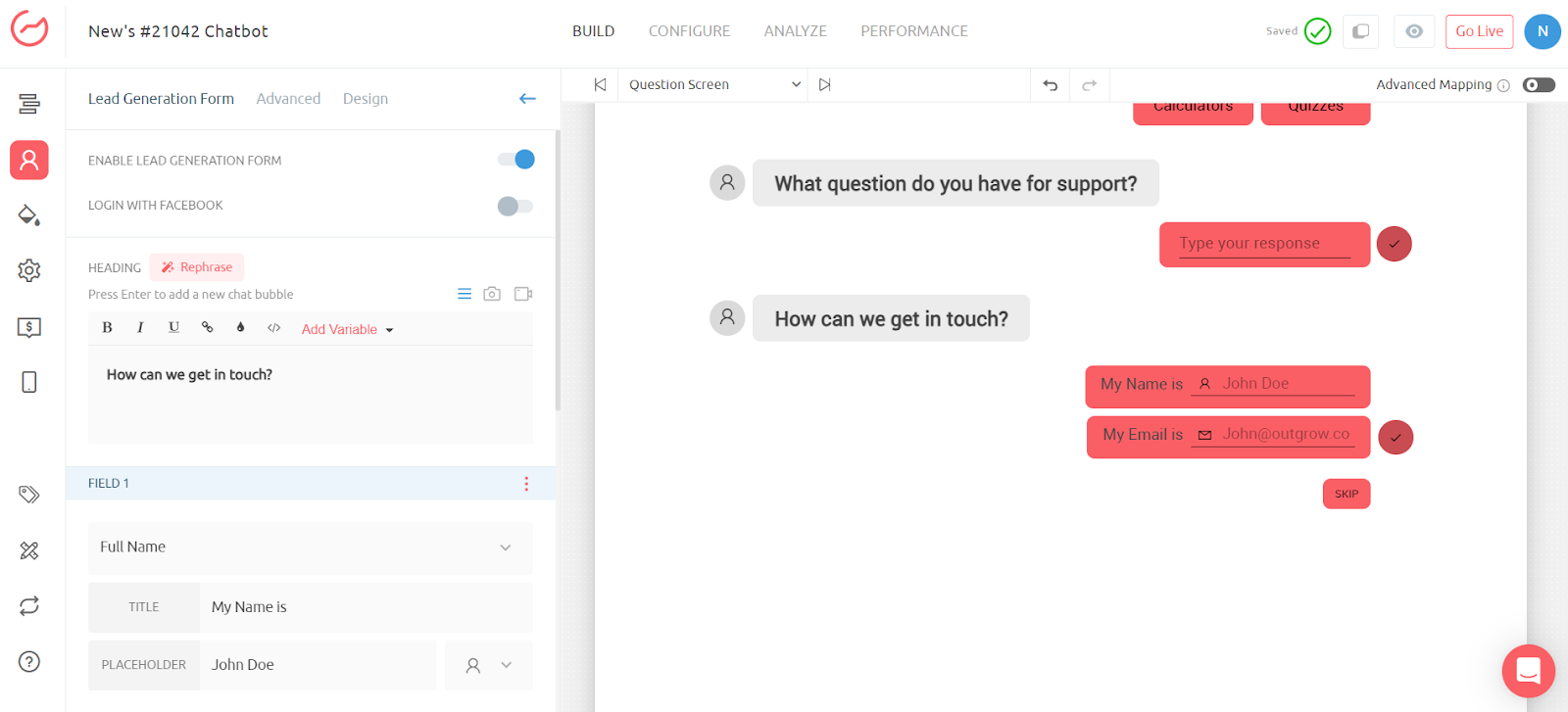 Lead generation feature of Outgrow's chatbot builder