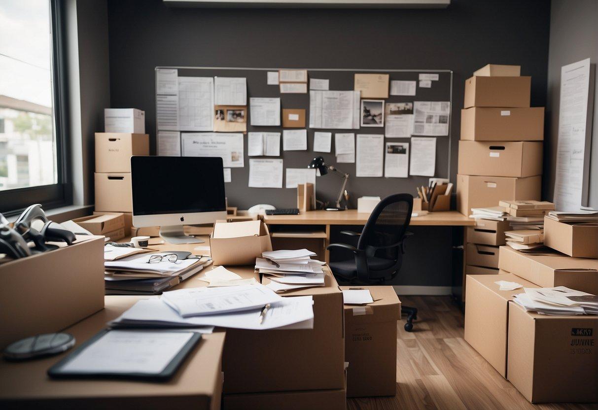 A cluttered office with labeled moving boxes, a floor plan, and furniture layout sketches