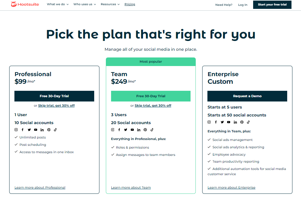 Hootsuite's Pricing Plans