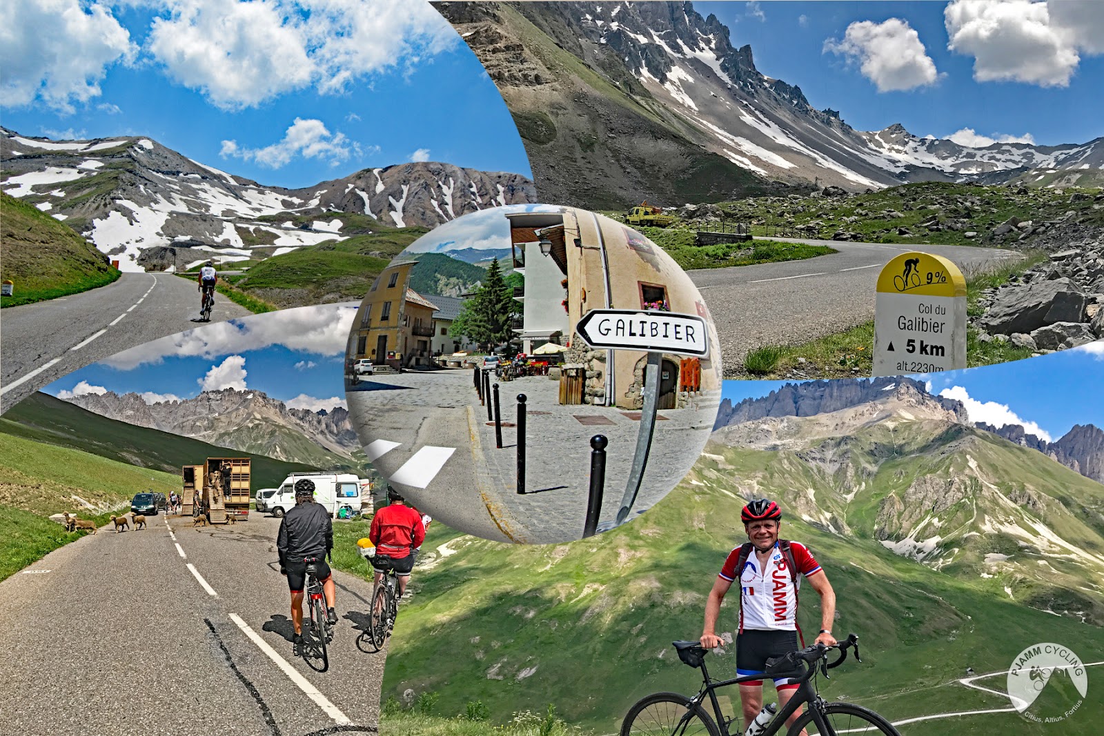 Cycling Col du Galibier from Valloire: photo collage, cyclists climb on two-lane roadway toward snow dotted mountain tops, PJAMM Cyclist stands with bike in front of green mountain views, road sign for Galibier