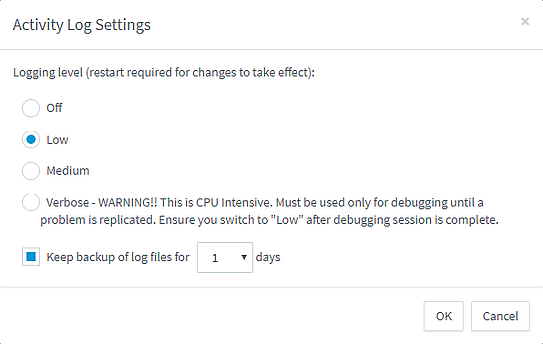 Activity log settings in 3CX Management Console