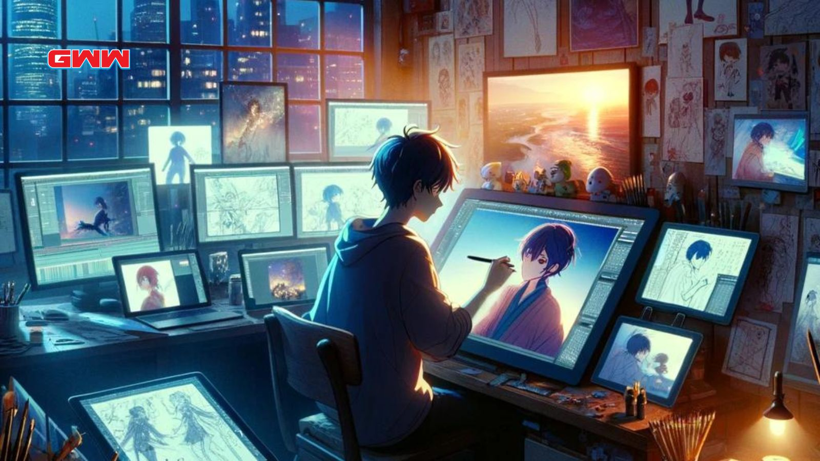 Animator creating anime GIF in a cozy studio