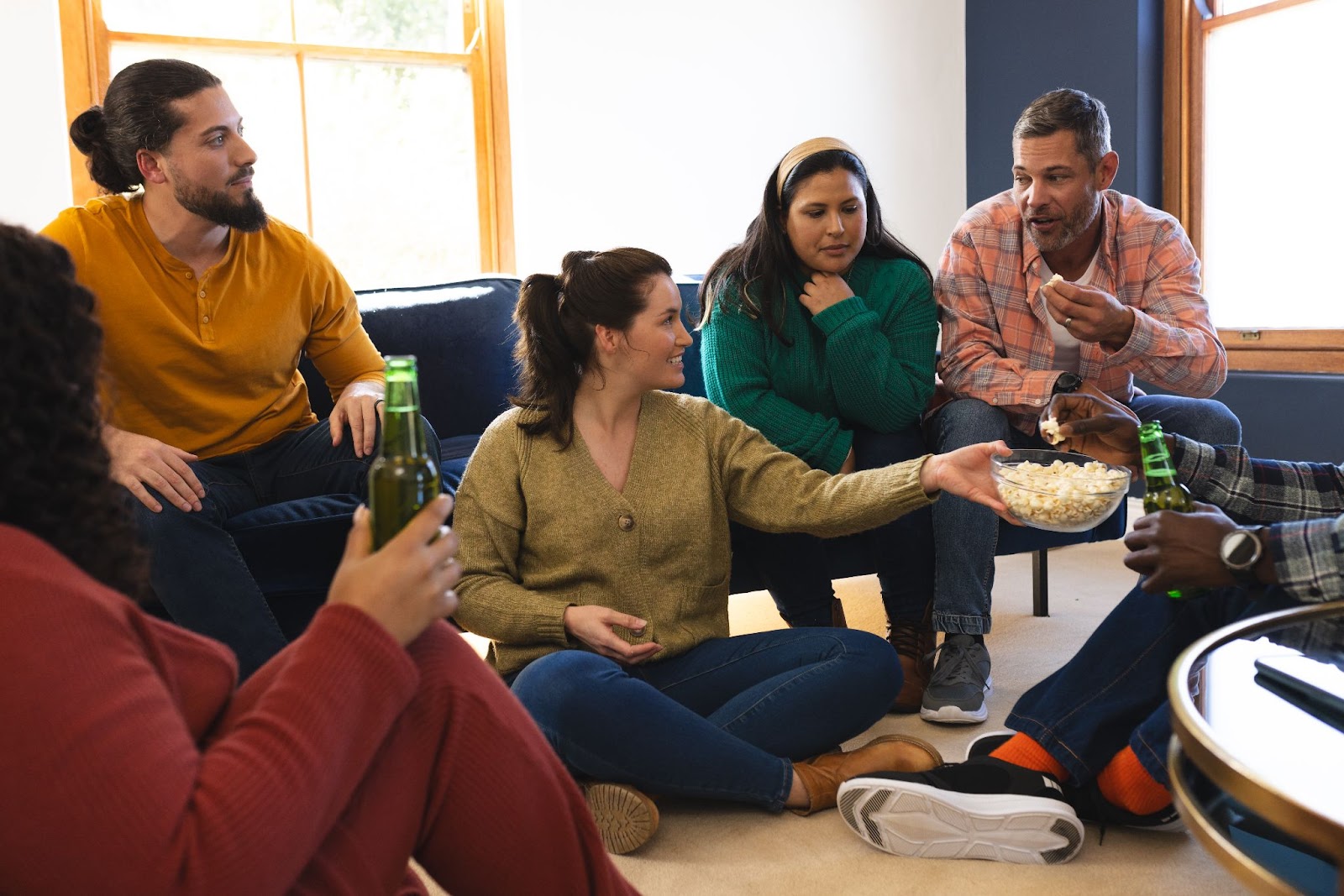 Friends Hanging Out Drinking Beer & Eating Popcorn