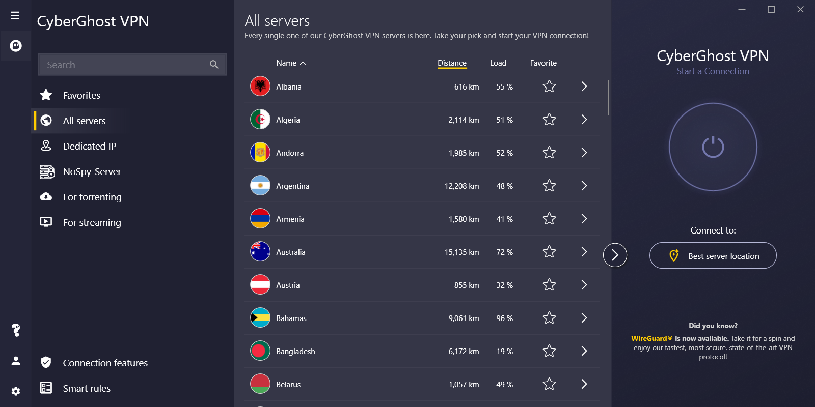 Schermata dell'app CyberGhost VPN per Windows che mostra un'ampia selezione di server