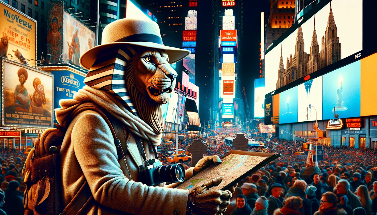 “Sphinx dressed as a tourist visiting new york city times square on new years eve photo”