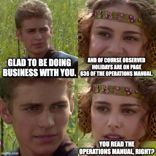 Four panel Anakin/Padme meme which makes an ironic observation about likelihood Operations Manual was read.