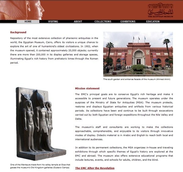 página web del museo egipcio del Cairo