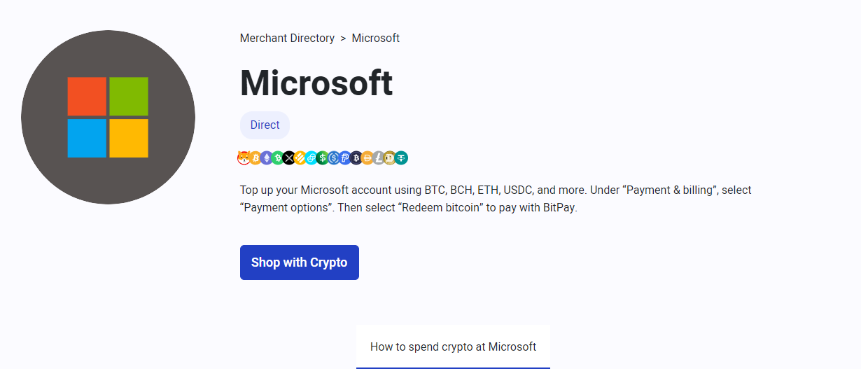 microsoft proposant un paiement crypto