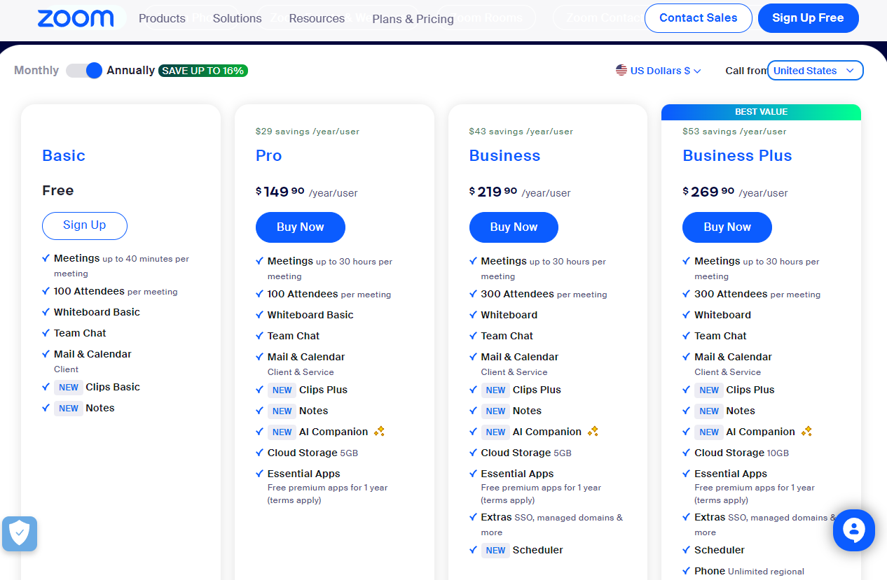 Pricing Plans for Zoom