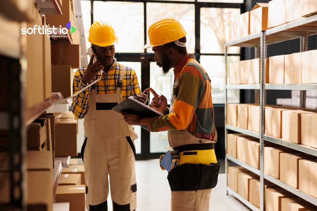 Two workers with clipboards discussing logistics in a warehouse
