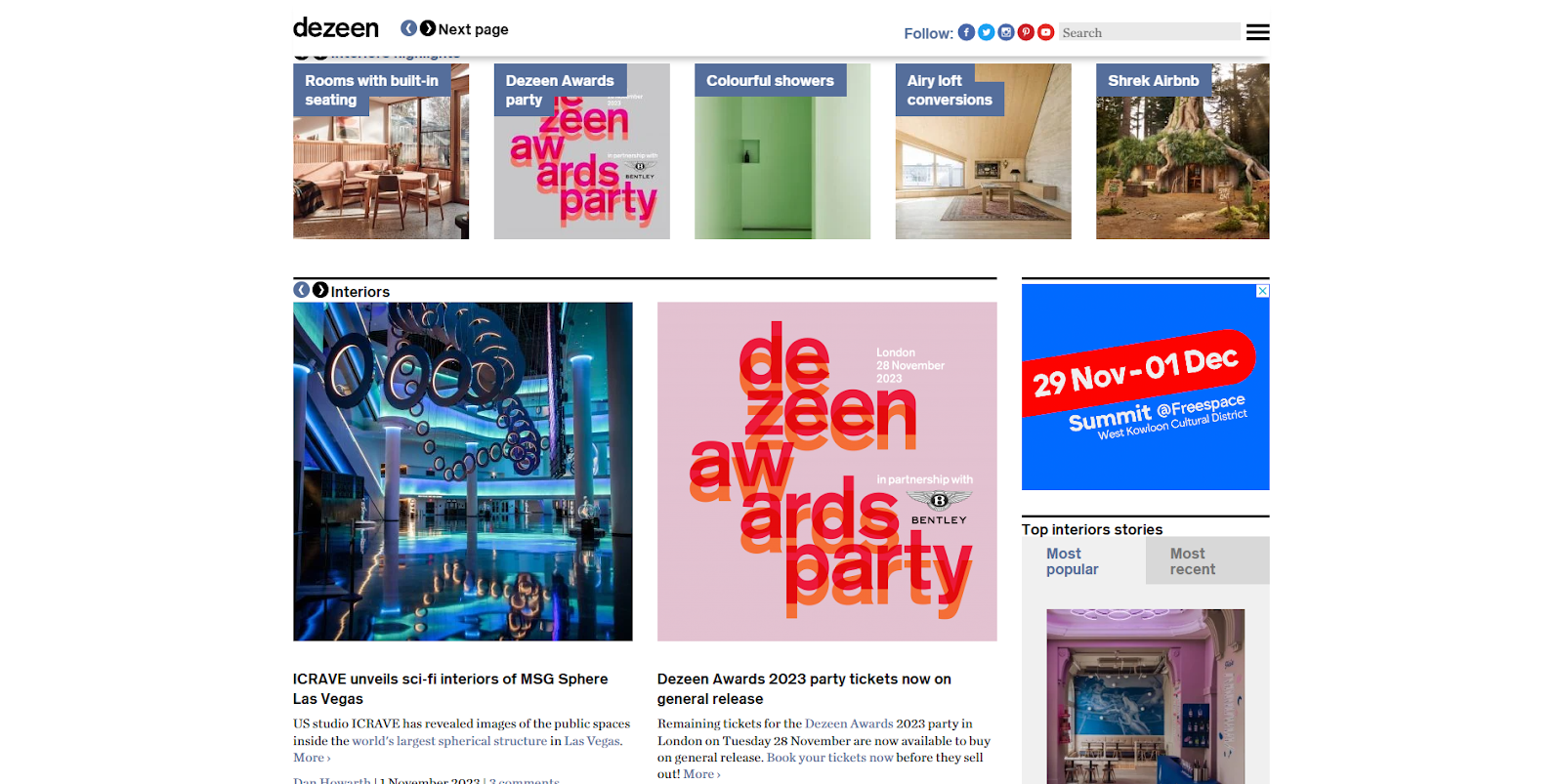 Dezeen magazine, showcasing design and architecture with trends and innovations.