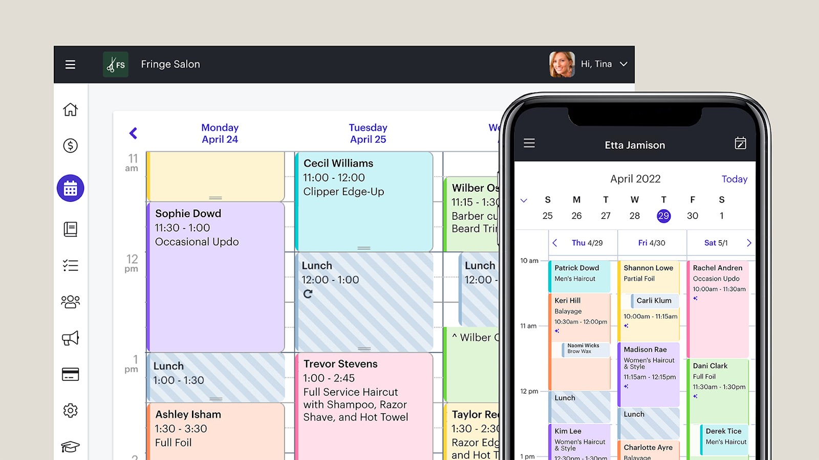 Schedulicity desktop calendar and mobile app screenshot/examples.