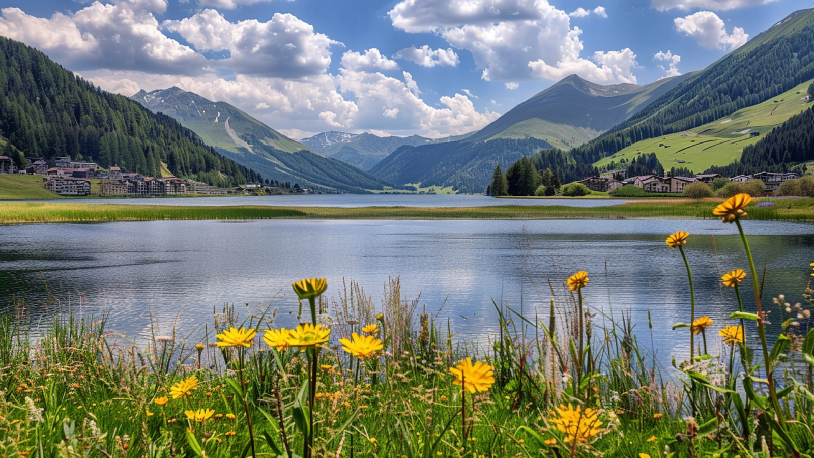 The lake in Davos Dorf with the Swiss mountains in the background