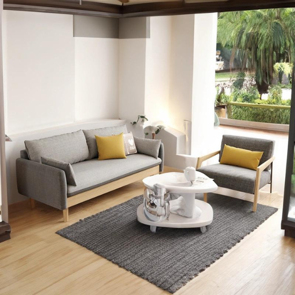 3-seater grey fabric sofa with solid wood legs