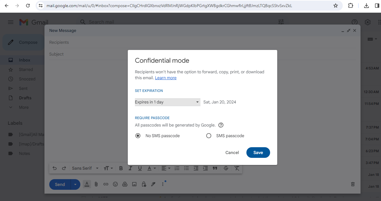 Confidential mode setting popup
