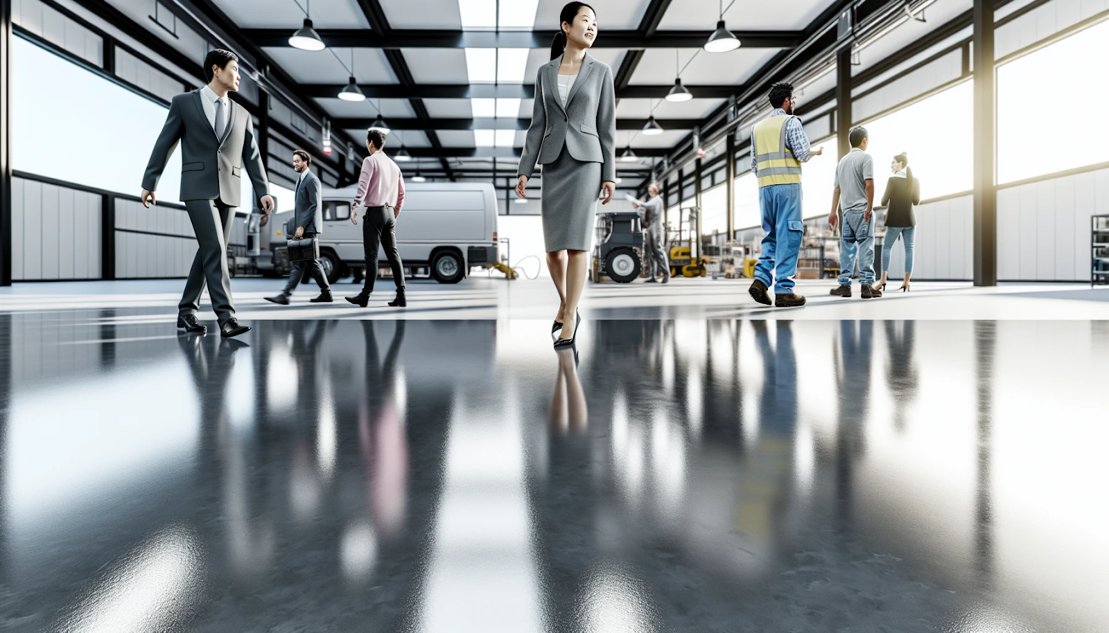 People in business and work attire walking on a polished, reflective concrete floor in a modern industrial facility