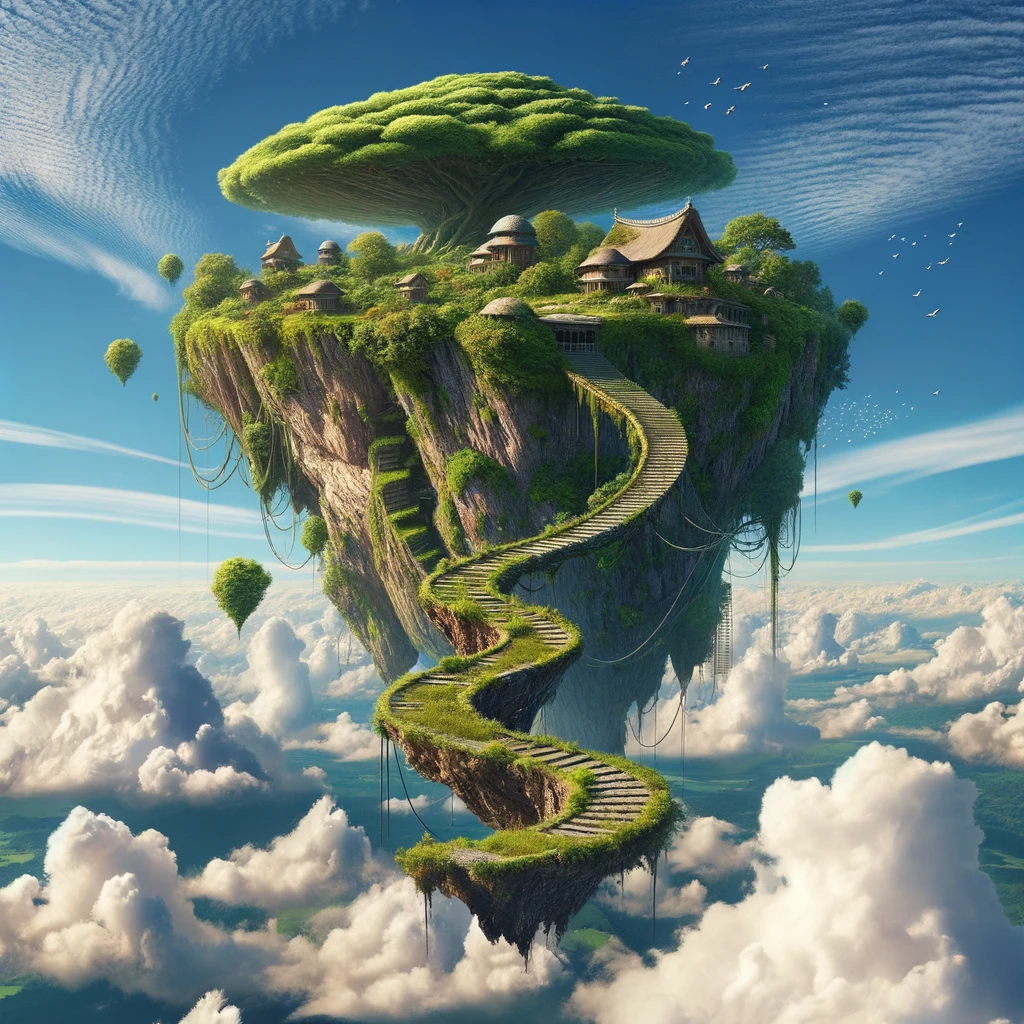 Photo of a surreal landscape where a floating island hovers in the blue sky, casting a shadow below. The island is lush with greenery and dotted with small huts. A long, intricate winding staircase made of stone connects the floating island to the ground below. Fluffy white clouds drift close to the island, and birds can be seen flying around.