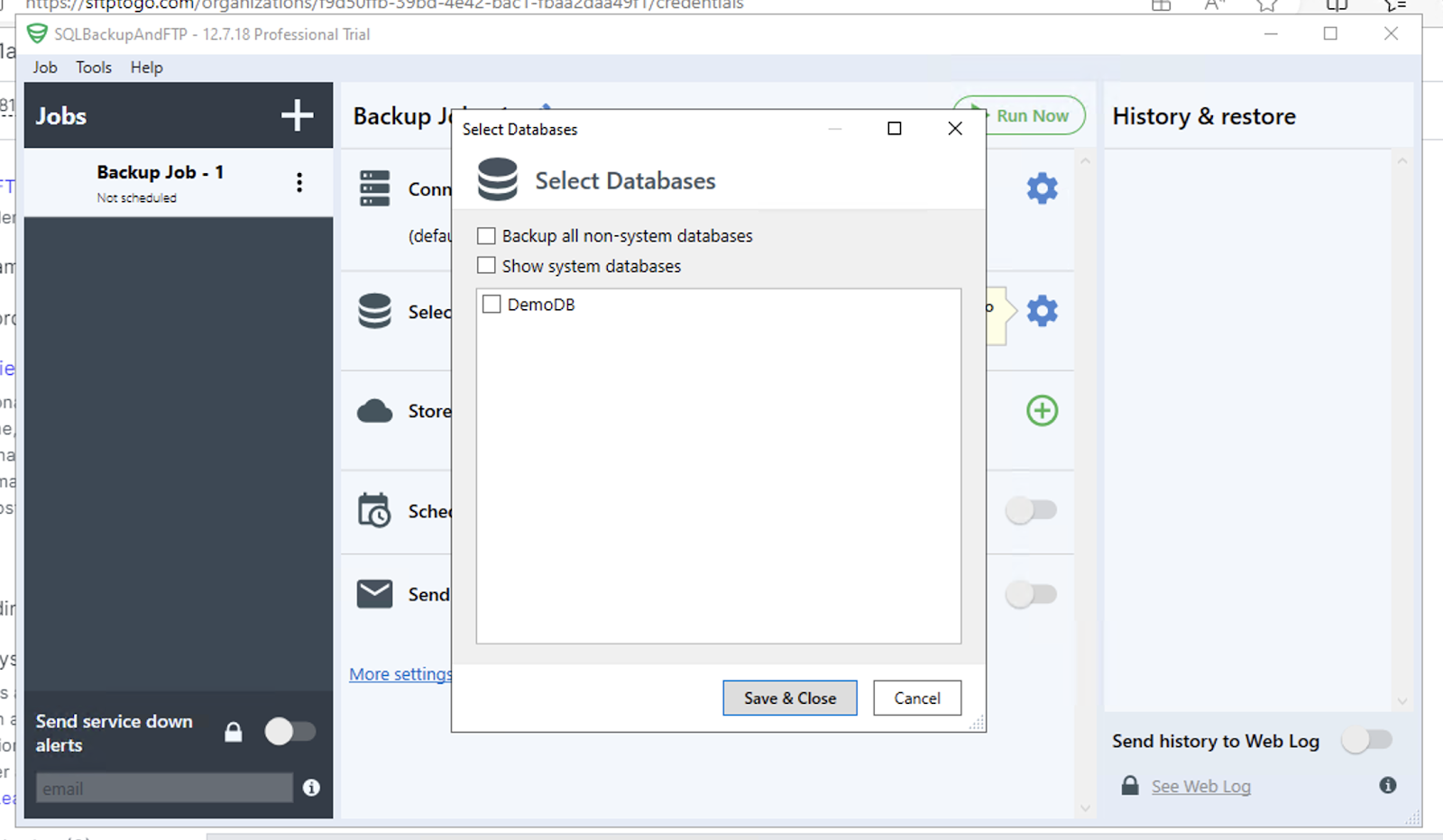 Selecting your database via the SQLBackupAndFTP Job tab