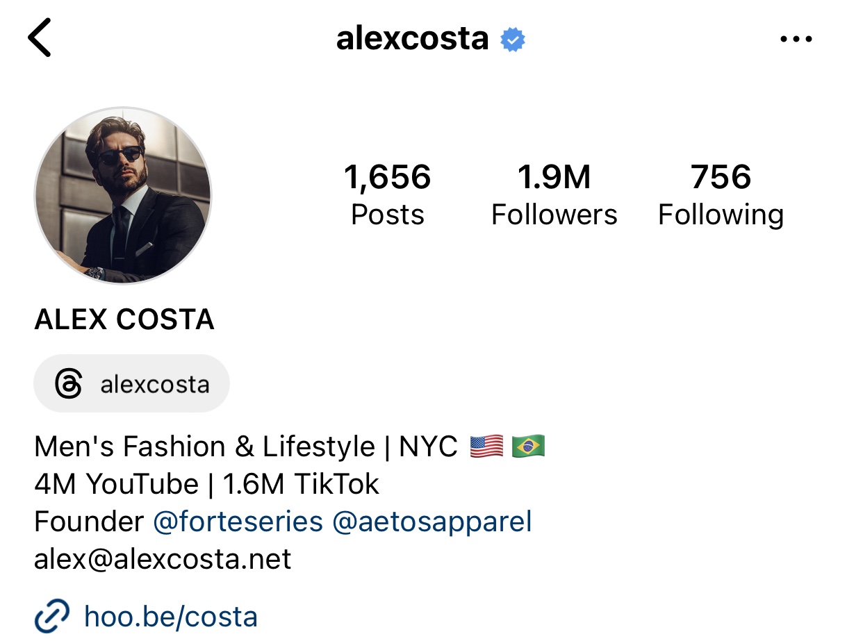 Alex Costa’s Bio showcases his expertise in Men’s fashion & his success as a content creator with Millions of followers of Youtube & Tiktok