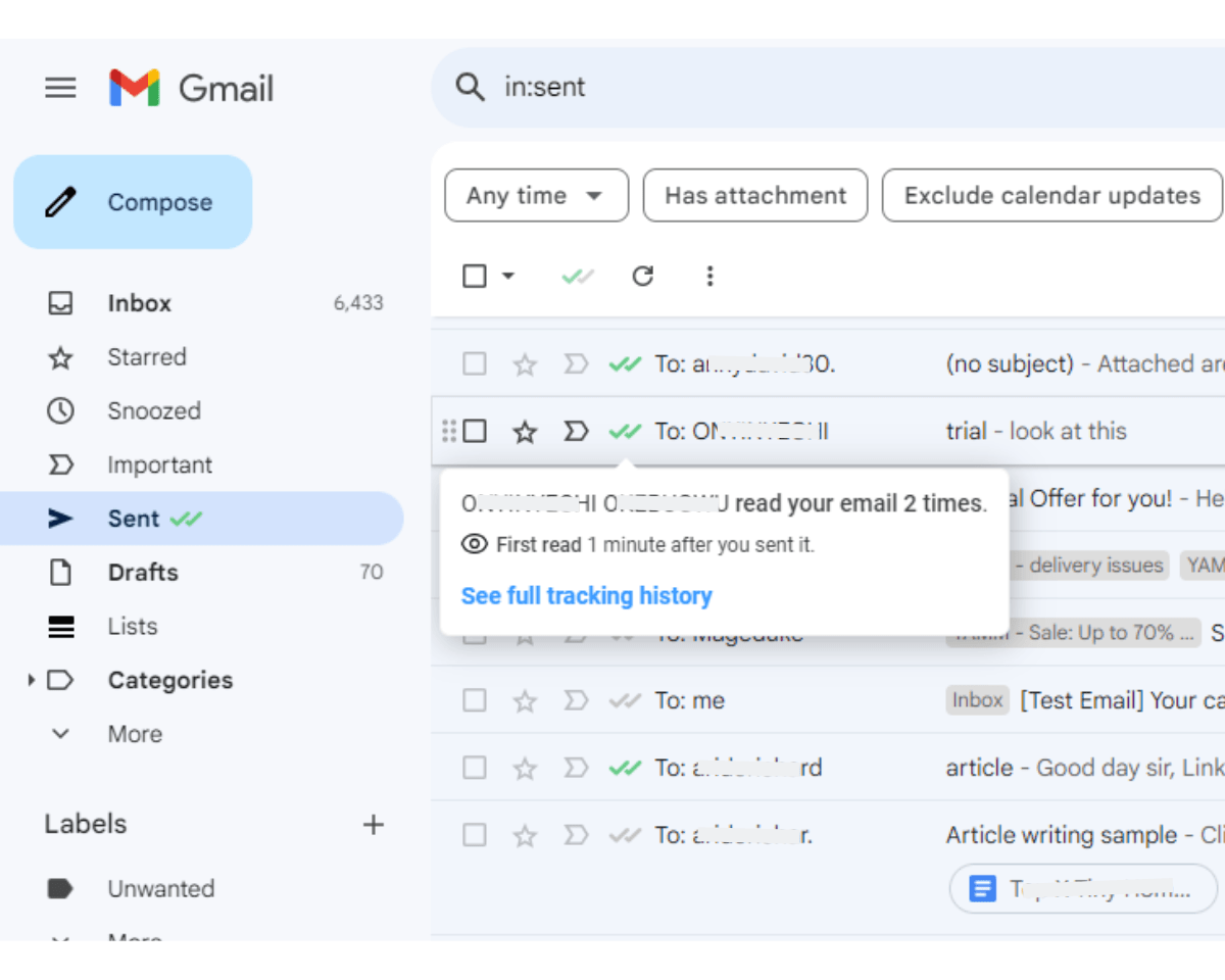 Email tracking data in Inbox