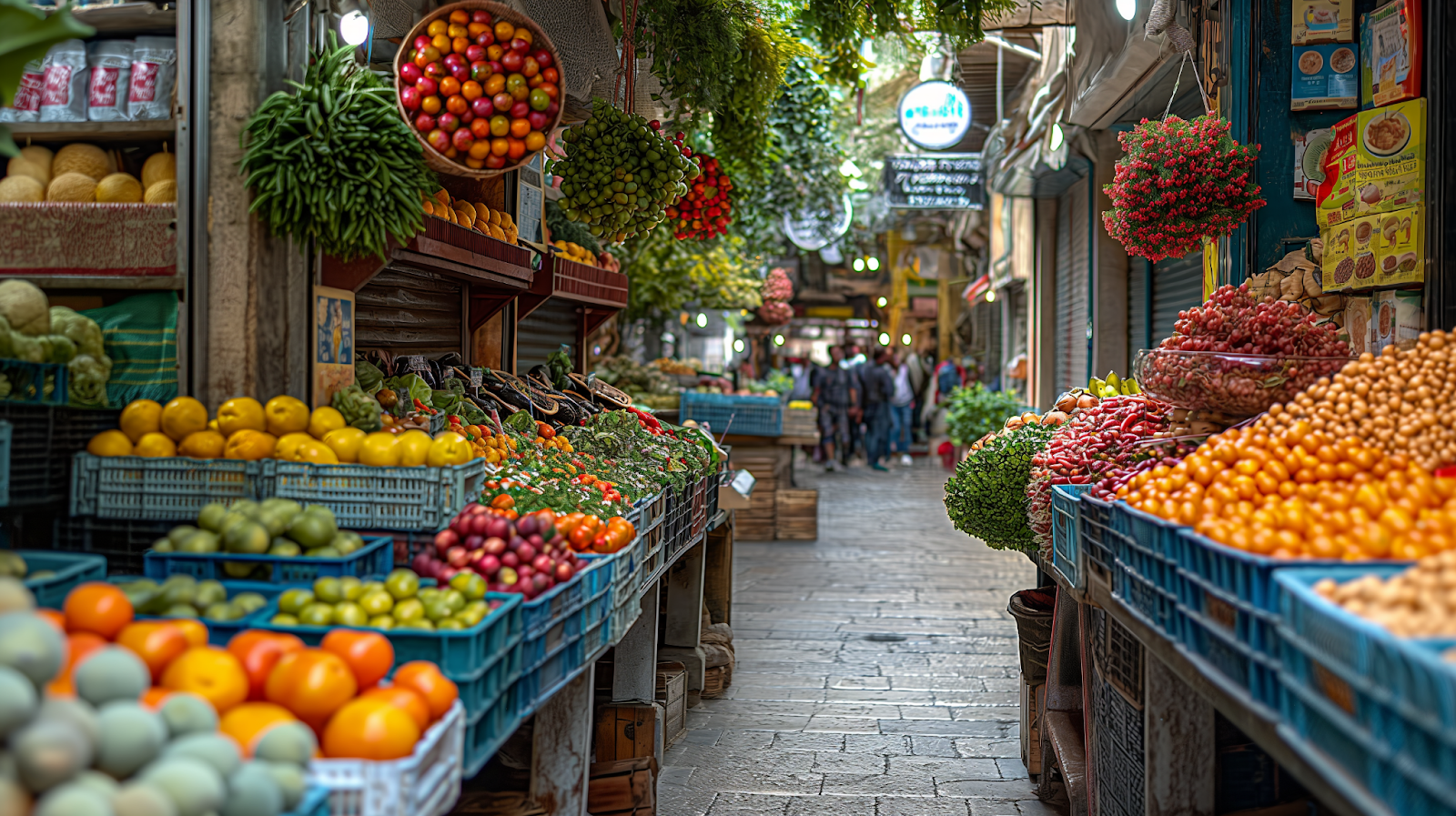 Aisles of Carmel Market in Tel Aviv, brimming with colorful arrays of fresh produce, spices, and local specialties to bustling crowds.