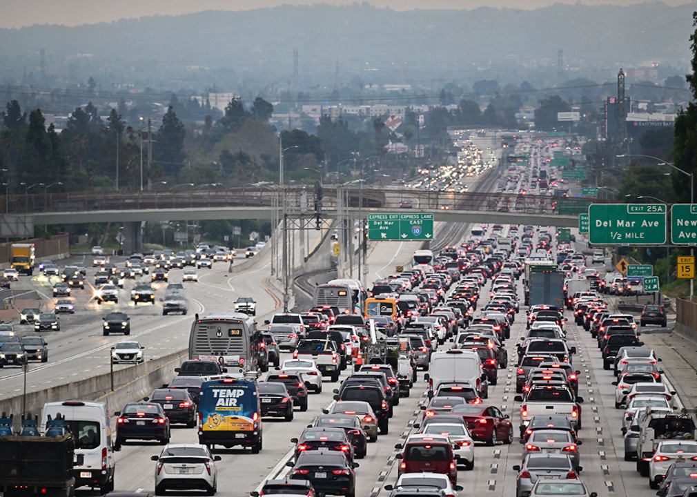 Traffic on a Los Angeles freeway during evening rush hour.