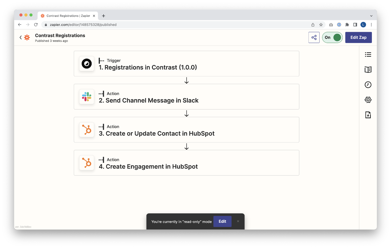 An example of a Zapier automation that connects Contrast, Slack, and HubSpot