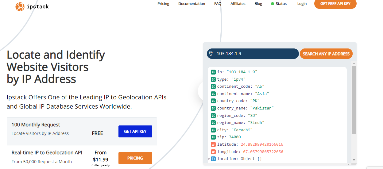 Screenshot of ipstack's homepage, an API to find region codes of website visitors