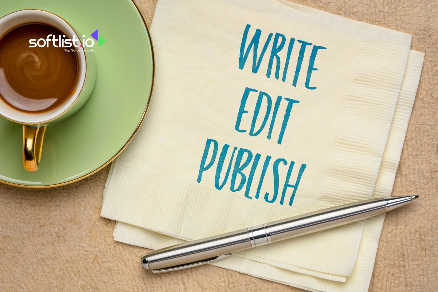 Napkin with "WRITE EDIT PUBLISH" text and a coffee cup