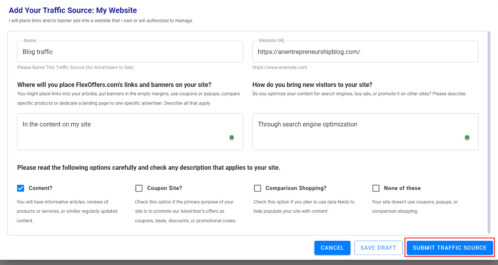 submission of traffic sources