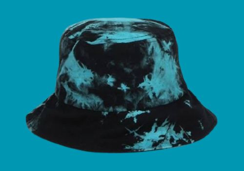 A black and teal tie-dyed bucket hat. 