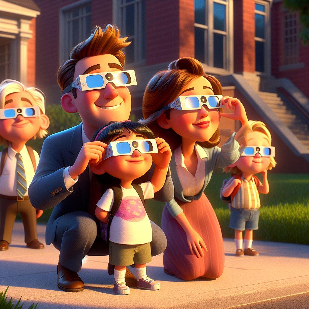 Une image en style pixar, qui montre deux jeunes enseignants (un homme et une femme) et leurs élèves en train d'observer une eclipse solaire avec des lunettes de protection dans la cours d'une école en toute sécurité