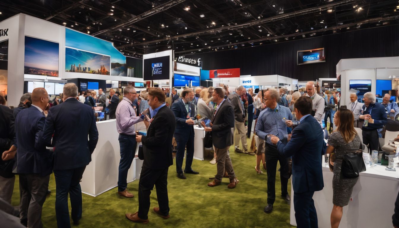 A group of business professionals networking at a bustling trade show.