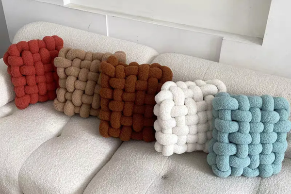 Small sofa cushion in Brown, White, Grey, Blue,  and Red, upholstered in Bouclé fabric