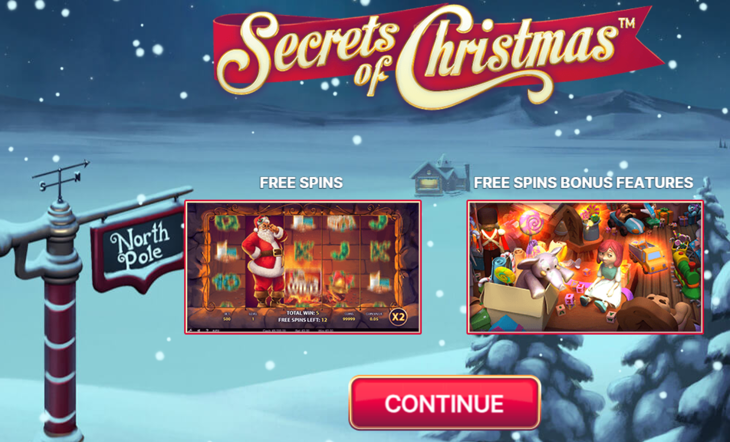 A screenshot of a video game called Secrets of Christmas, shows a north pole background with preview of the santa slot game