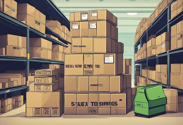 A stack of boxes with labels "ammo," "kiwi," and "sex toys" sits in a warehouse. A computer screen displays "Niche Drop Shipping Markets 12 killer drop shipping secrets."