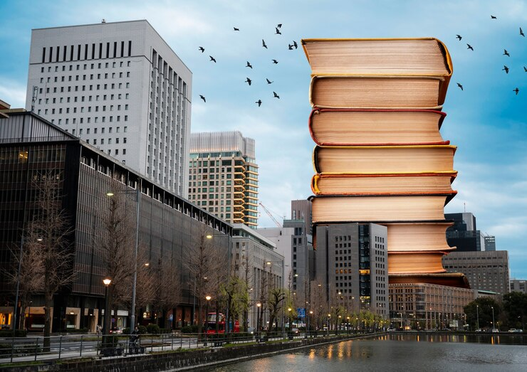 A towering stack of books against an urban backdrop.