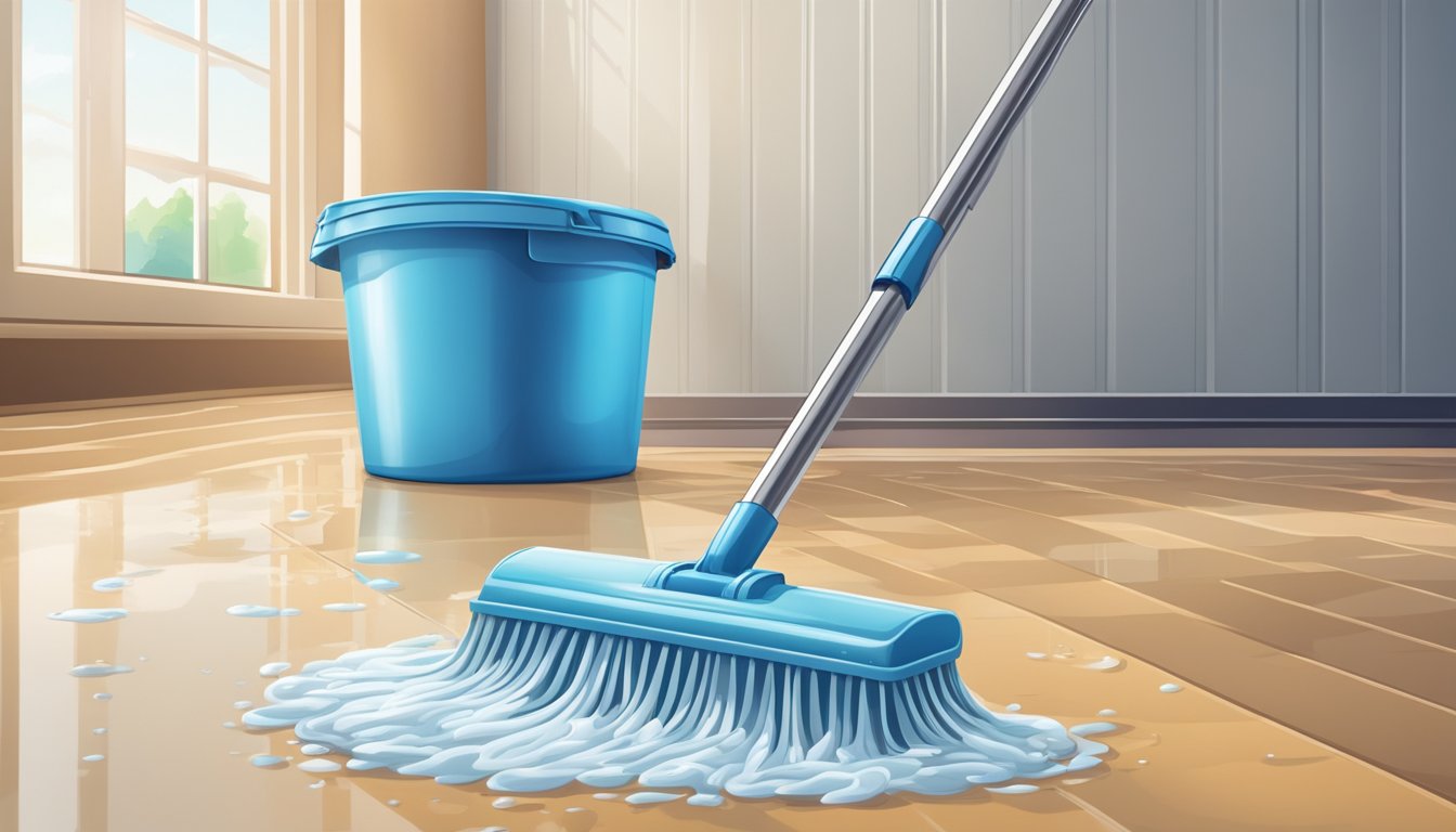 A mop glides across the shiny vinyl floor, removing dirt and grime. A bucket of soapy water sits nearby, ready for rinsing