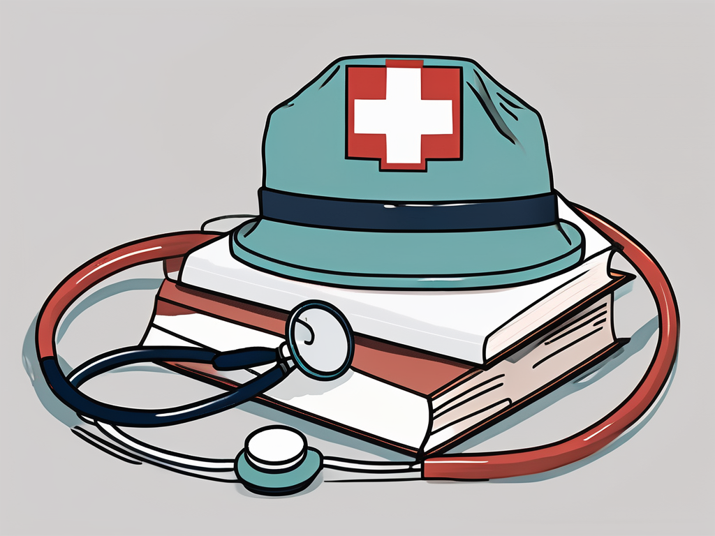 a stethoscope, a nurse's hat, and a first aid kit, all placed on top of an open book, symbolizing the comprehensive guide for mastering essential nursing skills, hand-drawn abstract illustration for a company blog, white background, professional, minimalist, clean lines, faded colors